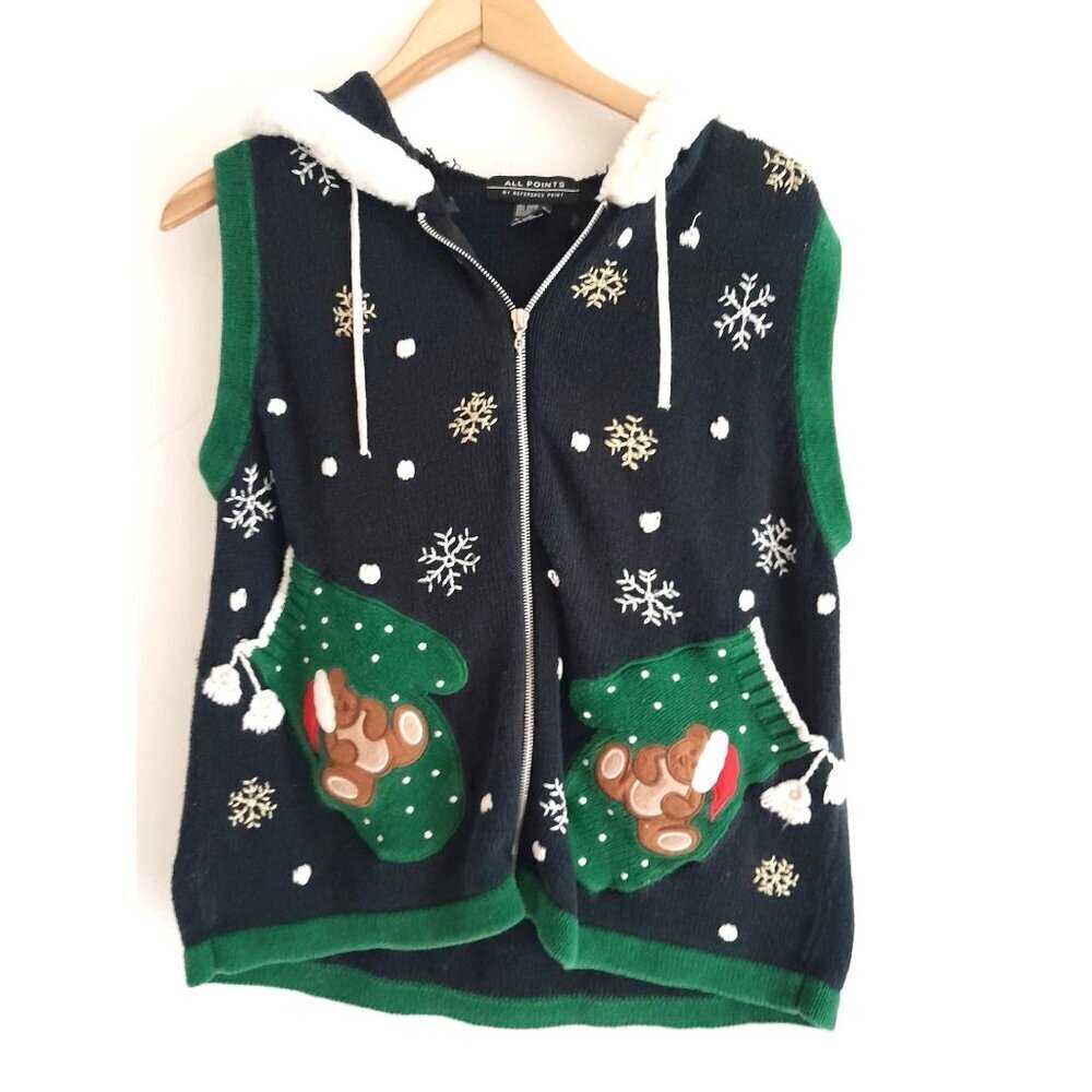 VTG Christmas Holidays Blingy Snowflakes 3D Zip Hoodie Cardigan Pockets Size L